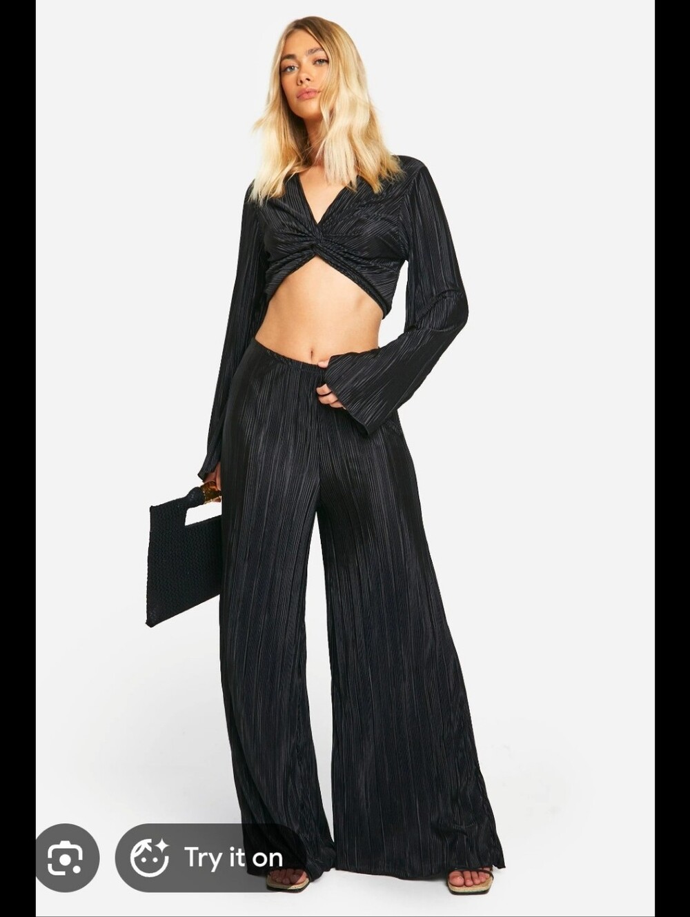 Black Twisted Crop Top with Wide-Leg Pants Set